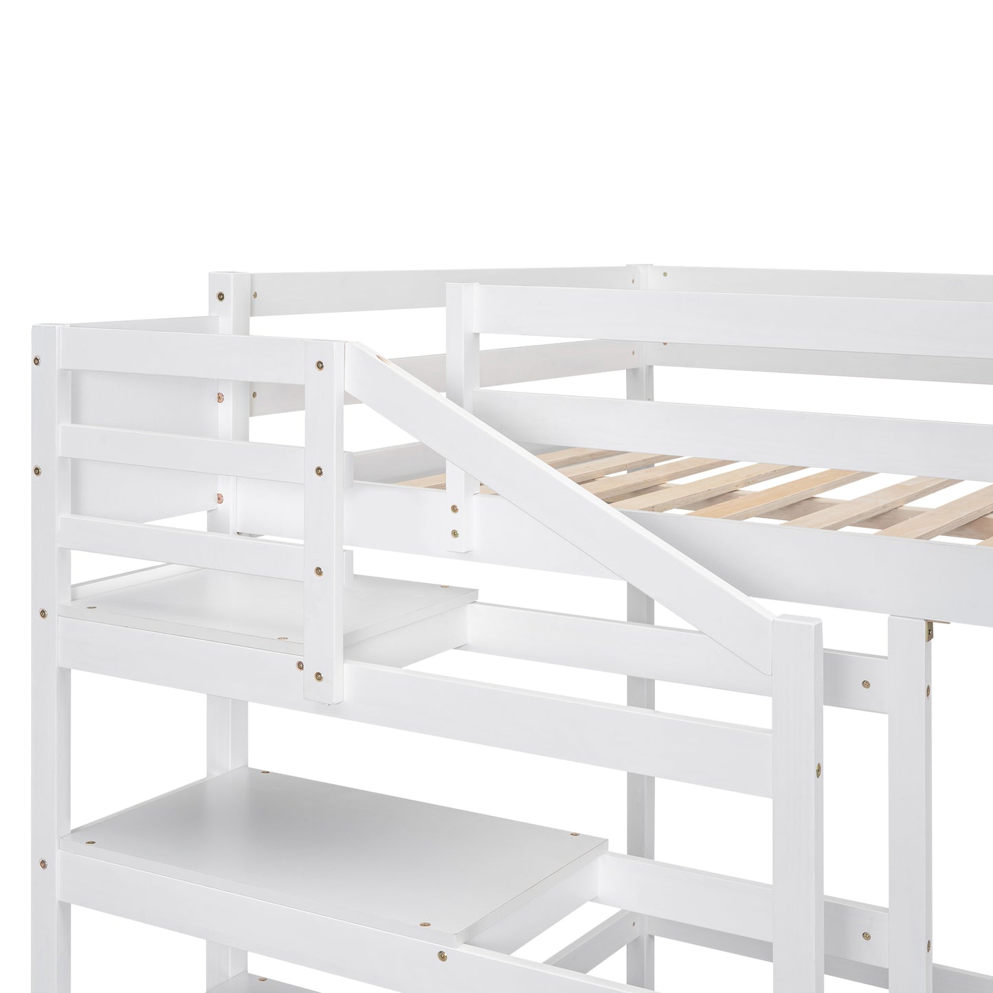 Cama alta de tamaño completo con escalera de almacenamiento incorporada y percha para ropa, acabado blanco