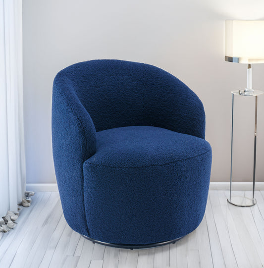 Teddy Fabric Swivel Accent Armchair with Black Powder-Coated Metal Ring, Dark Blue Finish