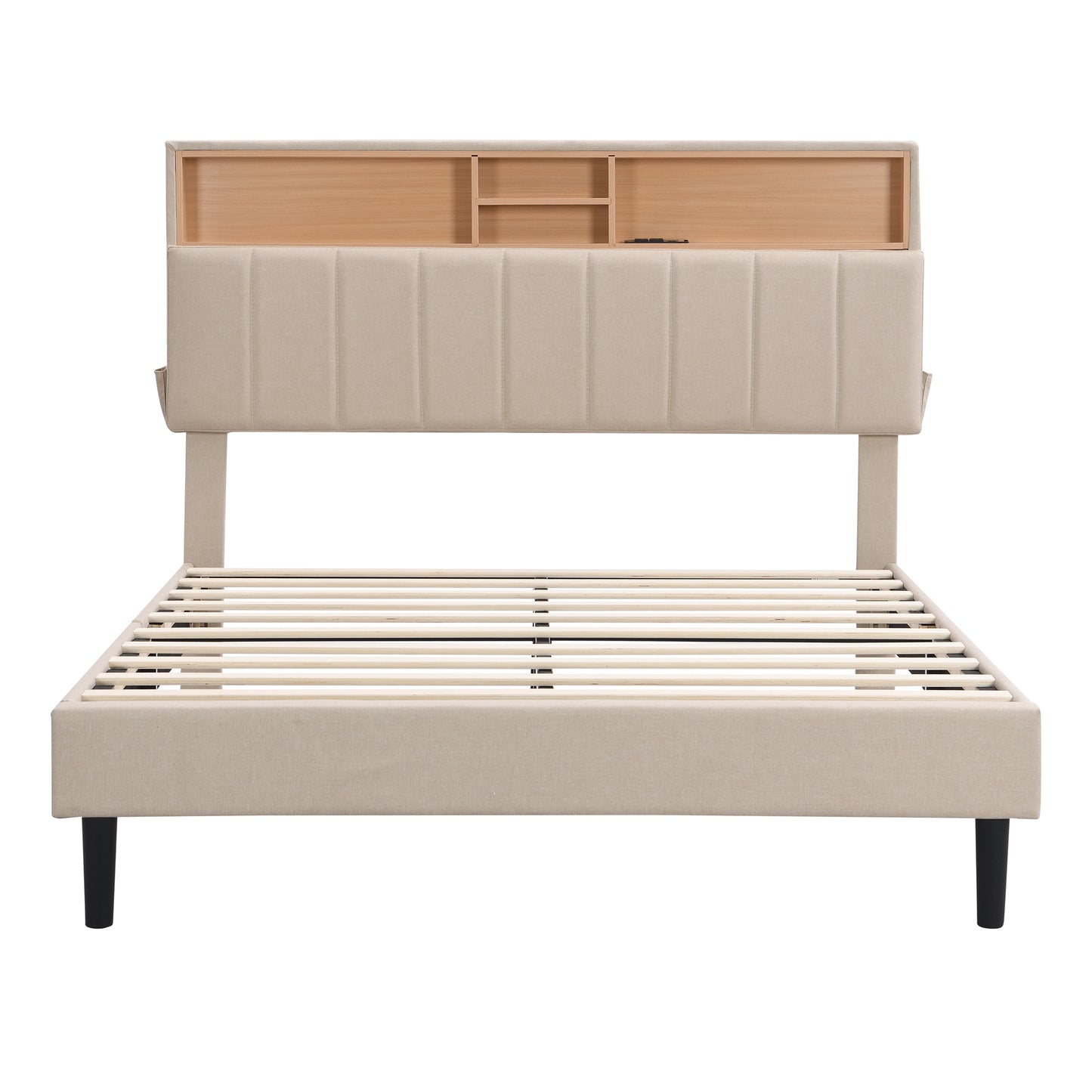 Cama de plataforma tapizada de tamaño completo con cabecera de almacenamiento y puerto USB, tela de lino en color beige