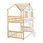 Twin over Twin House Bunk Bed with Roof , Window, Window Box, Door , with Safety Guardrails and Ladder, Natural/White