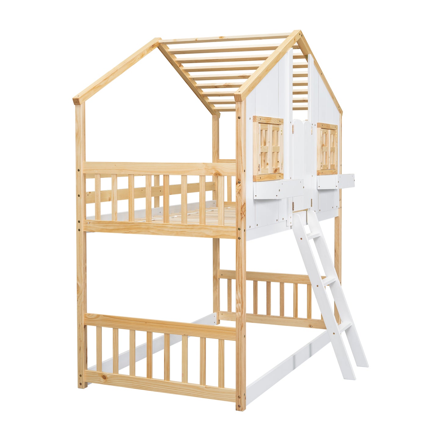 Twin over Twin House Bunk Bed with Roof , Window, Window Box, Door , with Safety Guardrails and Ladder, Natural/White