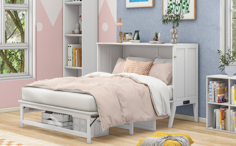 Queen Size Murphy Bed with Built-In Charging Station and a Shelf  White