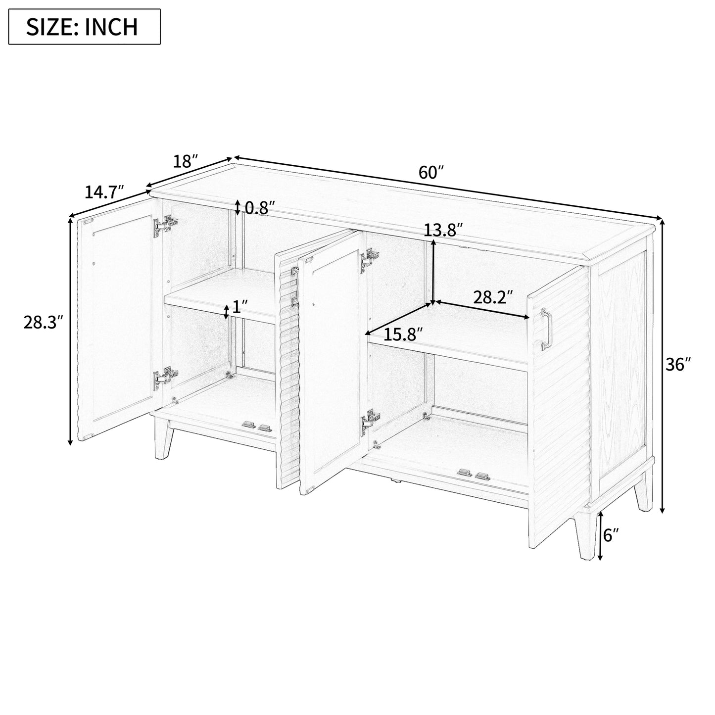 TREXM Side Panel Buffet with 4 Doors, Large Storage Cabinet with Adjustable Shelves and Metal Handles, Antique Gray