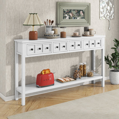 TREXM Rustic Entryway Console Table, 60-Inch Long Sofa Table with Two Drawers and Bottom Shelf, Antique White