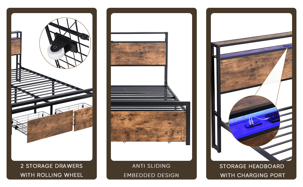 Full size bedstead with storage headboard and 2 drawers, LED light bed with charging station, metal Flat noodles support