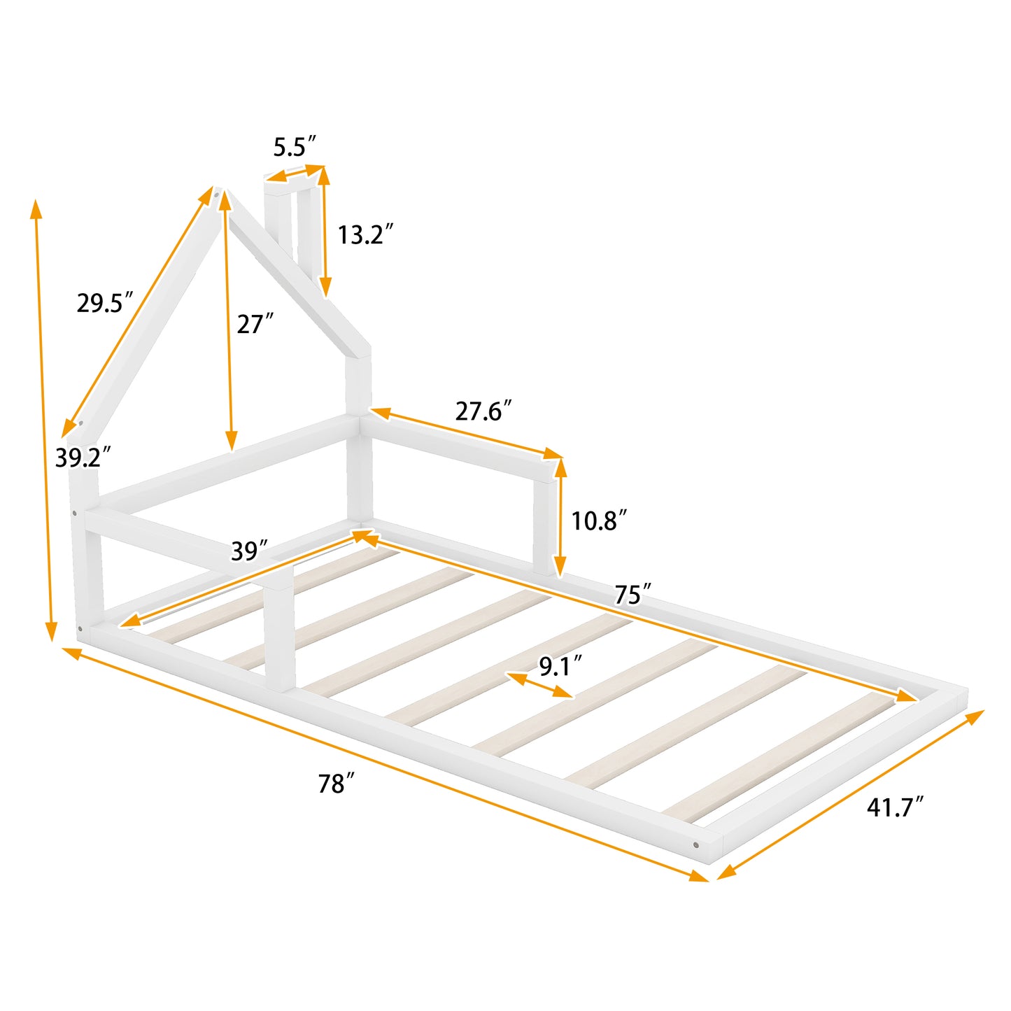 Twin Size Wood Floor Bed with House-shaped Headboard  White