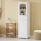 High bathroom storage cabinet with glass door, freestanding, two drawers and adjustable shelves, MDF board, painted white