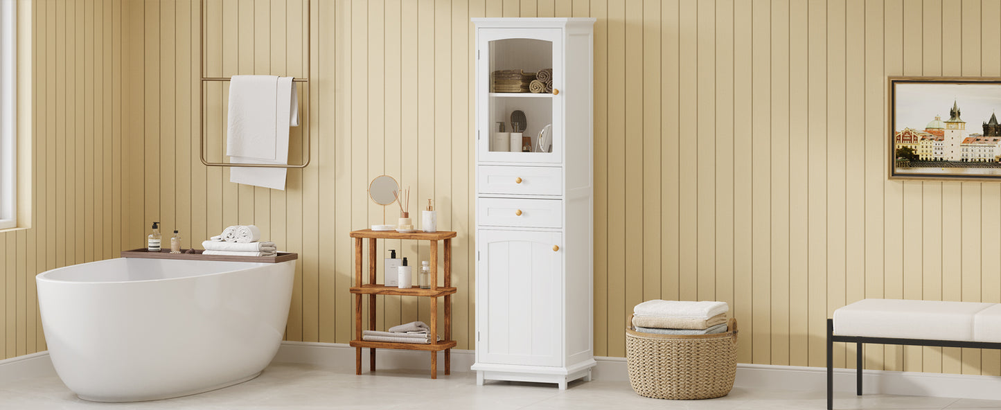 High bathroom storage cabinet with glass door, freestanding, two drawers and adjustable shelves, MDF board, painted white