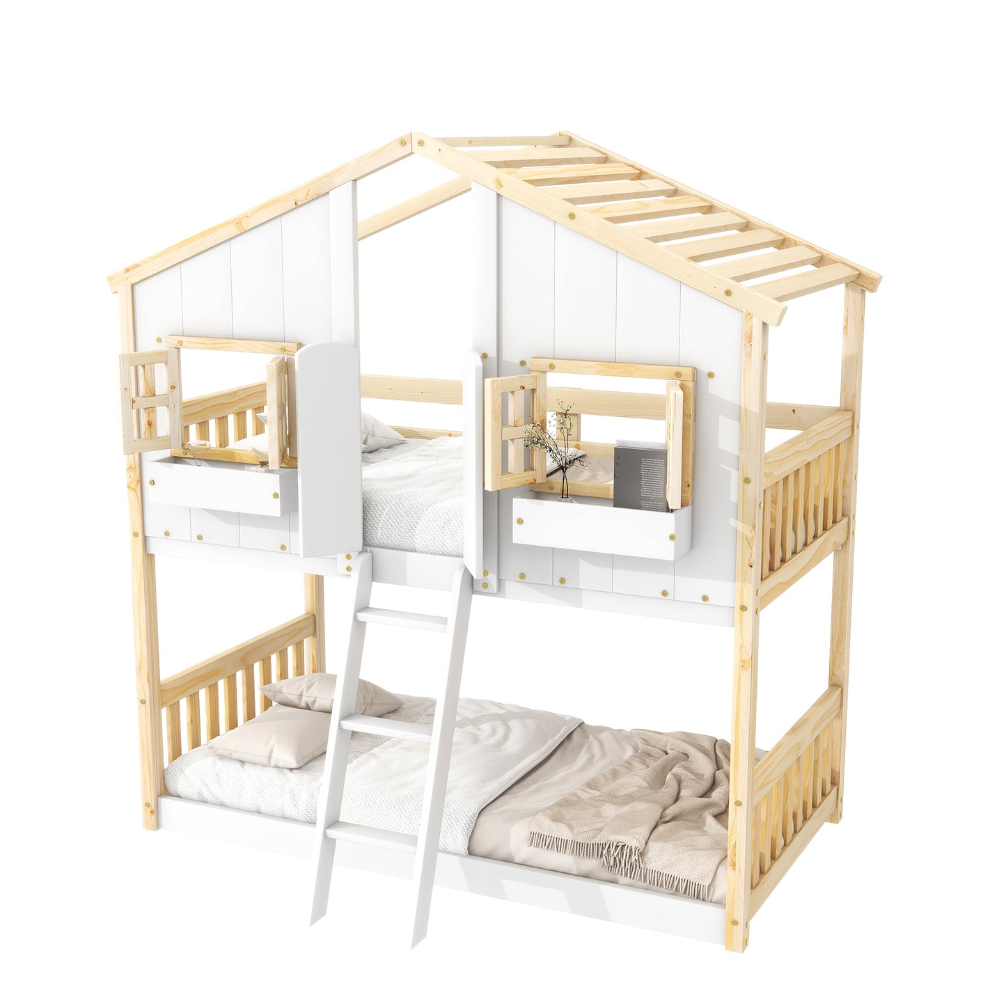 Twin over Twin House Bunk Bed with Roof , Window, Window Box, Door , with Safety Guardrails and Ladder, Natural/White