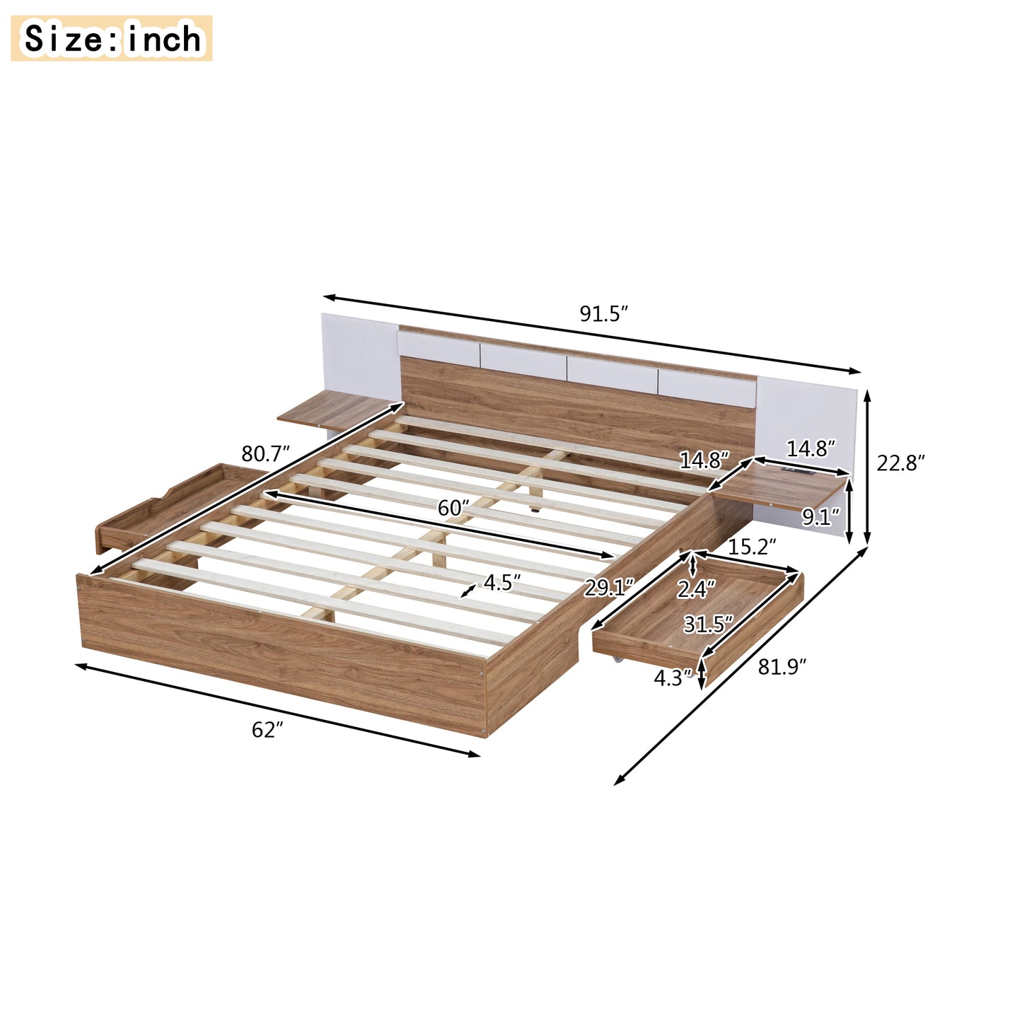 Queen Size Platform Bed with Headboard, Drawers, Shelves, USB Ports and Sockets, Natural