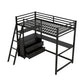 Twin Size Metal&Wood Loft Bed with Desk and Shelves, Two Built-in Drawers, Black