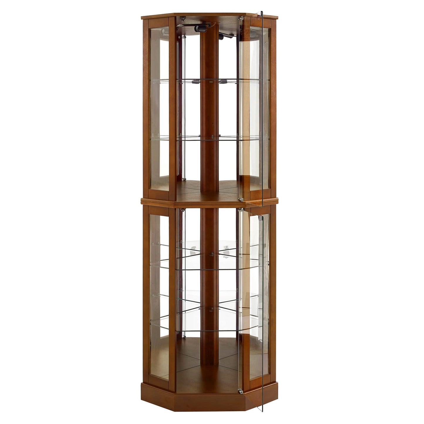 6 shelves corner Curio display cabinet with light mirror and adjustable shelves, walnut wood (excluding E26 light bulbs)