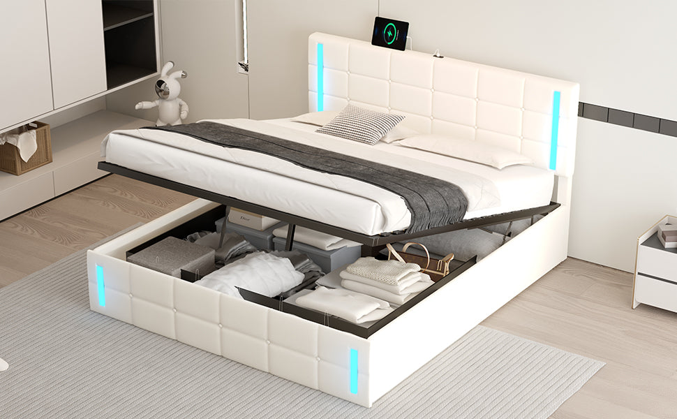 Queen Size Upholstered Bed with LED Lights,Hydraulic Storage System and USB Charging Station,White