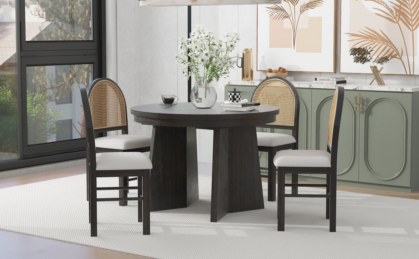 TREXM 5-Piece Retro Dining Set, Expandable Table and 4 Cushioned Chairs with Rattan Backrests, Espresso Finish