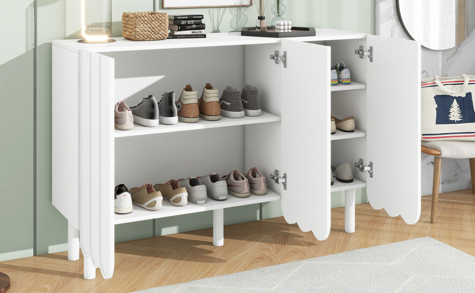 ON-TRANS Cream Shoe Cabinet with 5 Adjustable Solid Wood Legs, Large Storage with Wave Doors, White