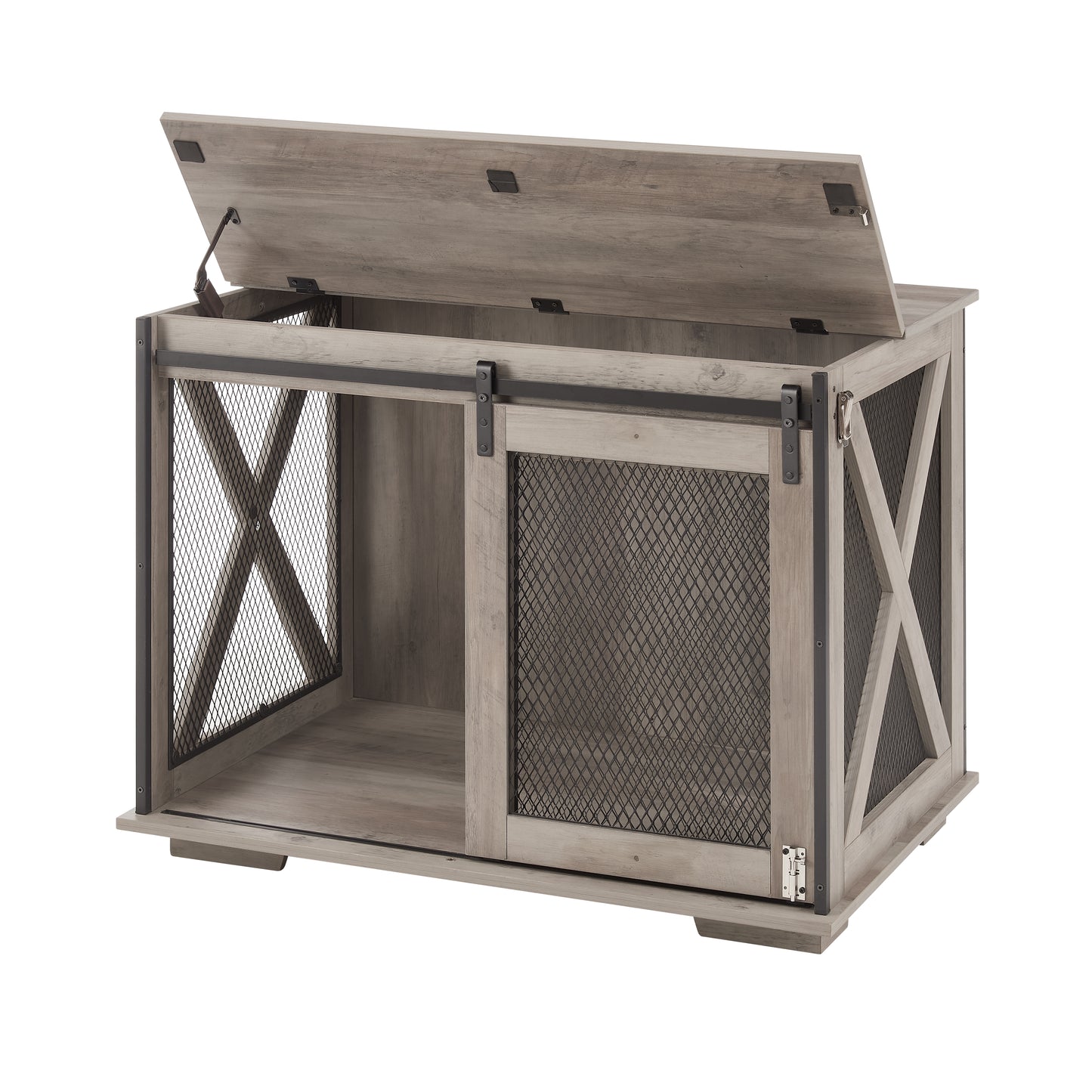 Farmhouse Dog Cage Crate Furniture with Sliding Barn Door, Farmhouse Wooden Dog Kennel End Table with Flip-top Plate Dog House