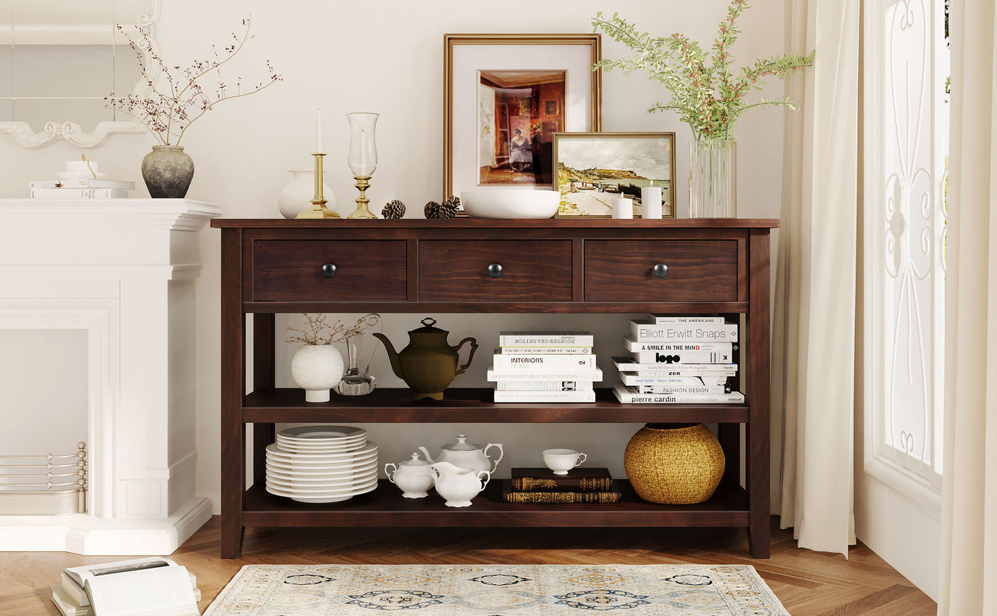 Retro Design Console Table with Two Open Shelves, Pine Solid Wood Frame and Legs for Living Room (Espresso)