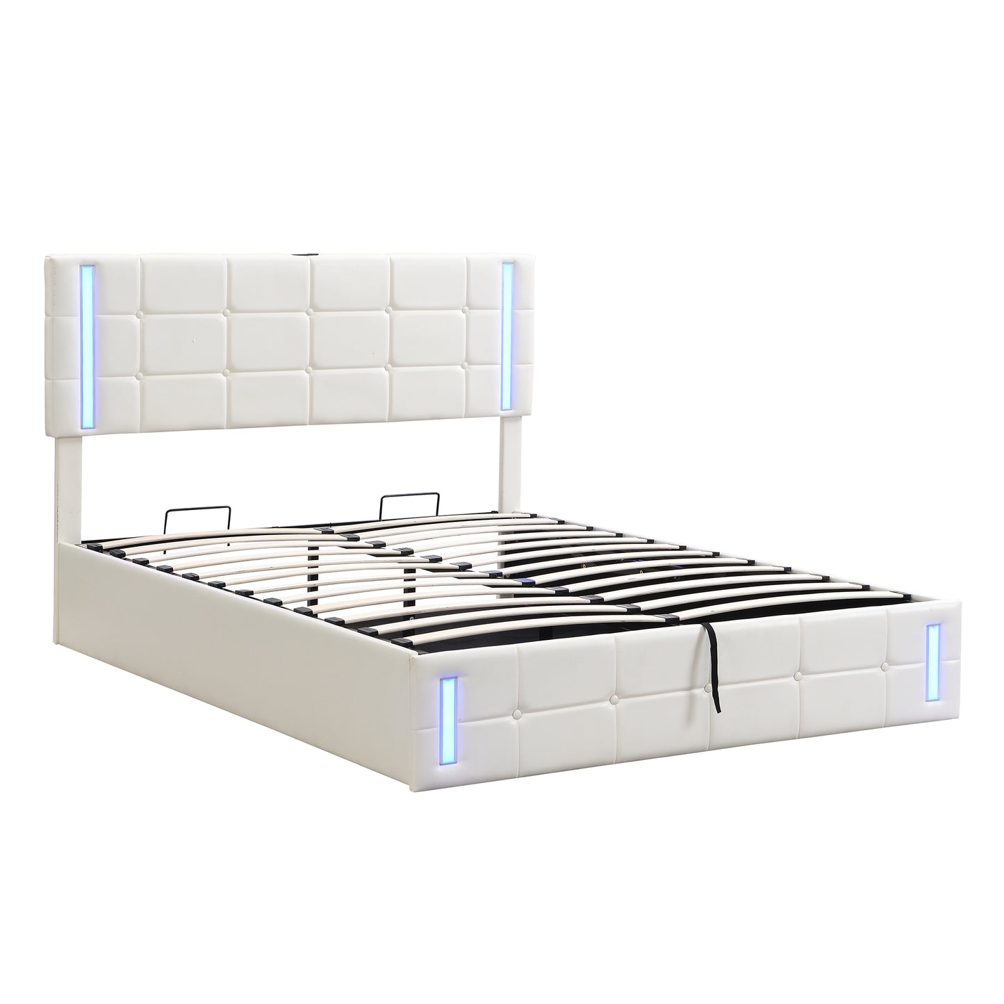 Cama tapizada de tamaño completo con luces LED, sistema de almacenamiento hidráulico y estación de carga USB, acabado blanco