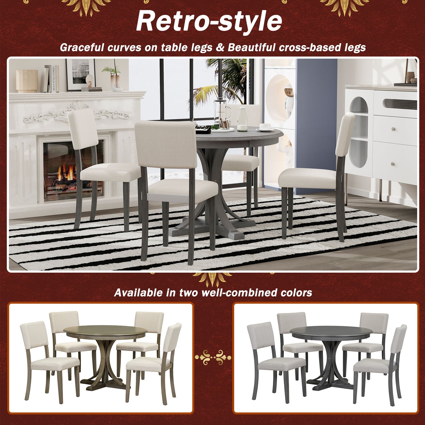 Juego de mesa de comedor redonda retro de cinco piezas TREXM con soportes curvos y 4 sillas acolchadas, gris oscuro