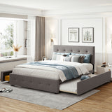 Upholstered Platform Bed with 2 Drawers and 1 Twin XL Trundle Linen Fabric Queen Size - Light Gray