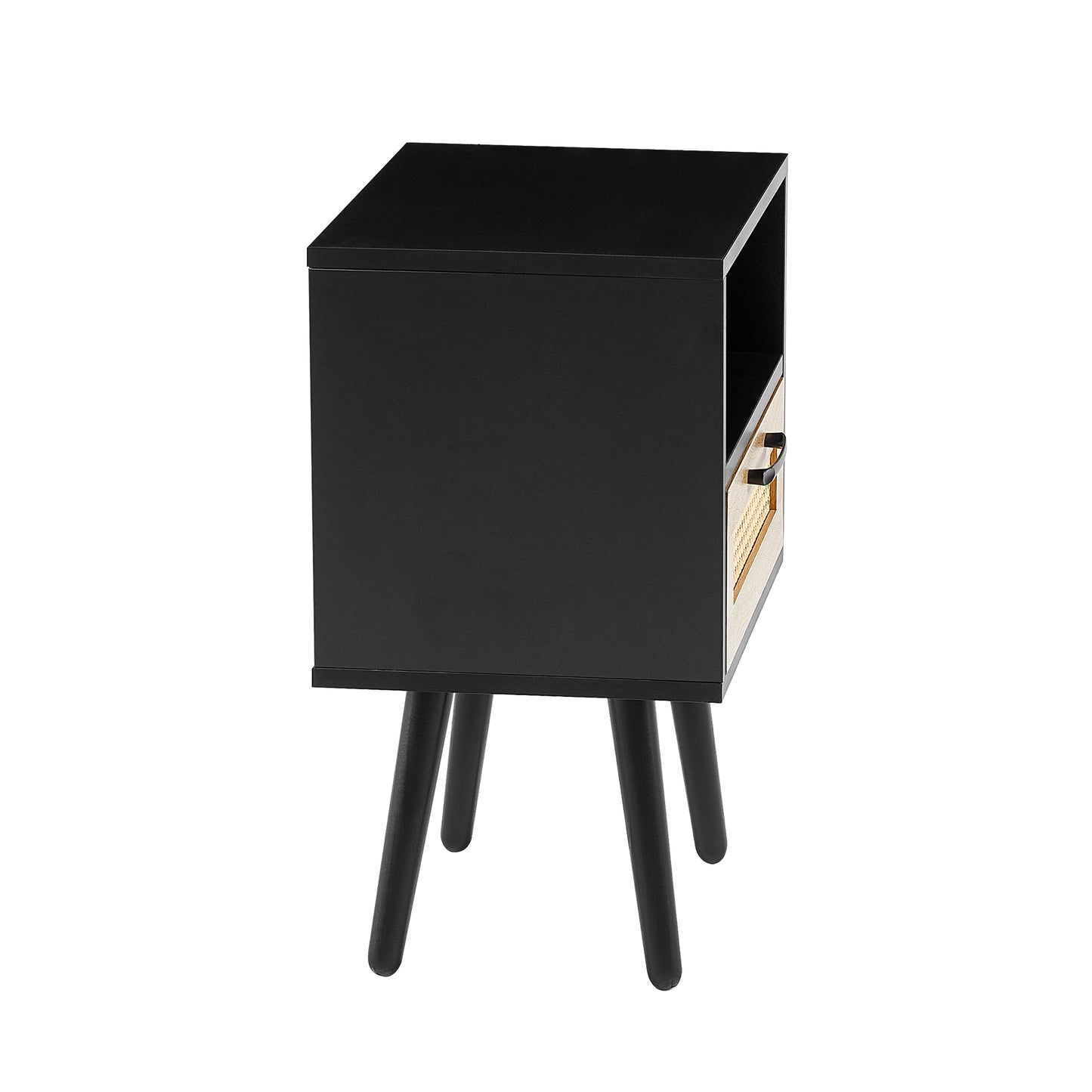 Rattan End table with drawer and solid wood legs Modern nightstand side table for living room black