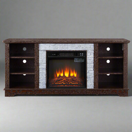 18-Inch Cherry Colored Fireplace with Open Entertainment Console, 58.31" Wide, 15.39" Deep, and 26.06" High