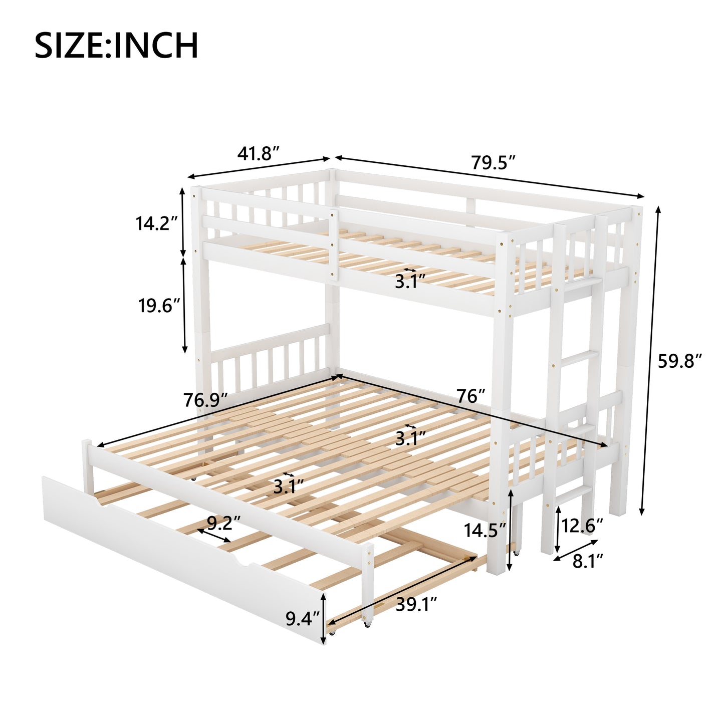 Twin over Pull-out Bunk Bed with Trundle  White