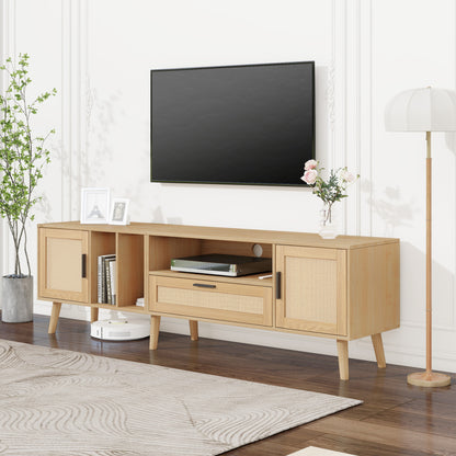 Vine TV Stand with 2 Cabinets and 2 Open Shelves, Solid Wood Legs for TVs Under 80 Inches