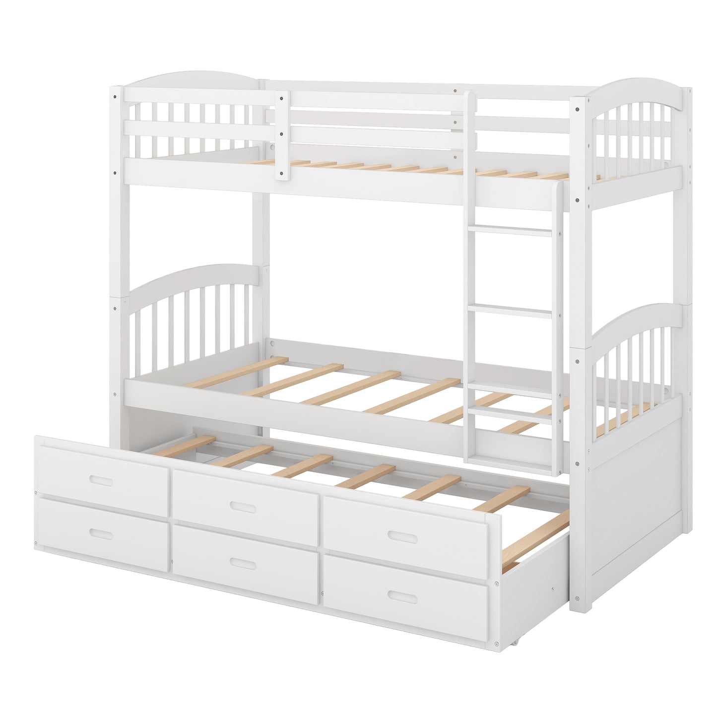 Twin over Twin Wood Bunk Bed with Trundle and Drawers White