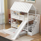 Twin over Twin House Bunk Bed with Trundle and Slide Storage Staircase Roof and Window Design  White