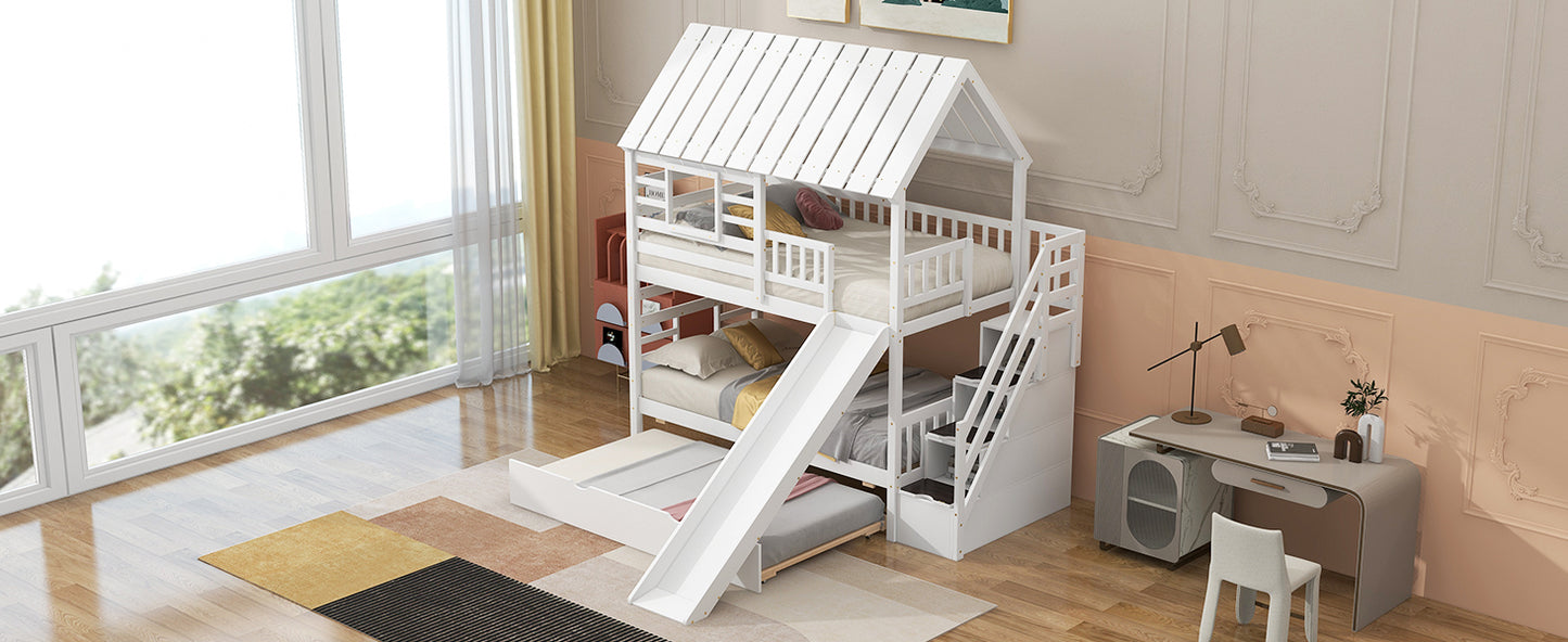 Twin over Twin House Bunk Bed with Trundle and Slide Storage Staircase Roof and Window Design  White