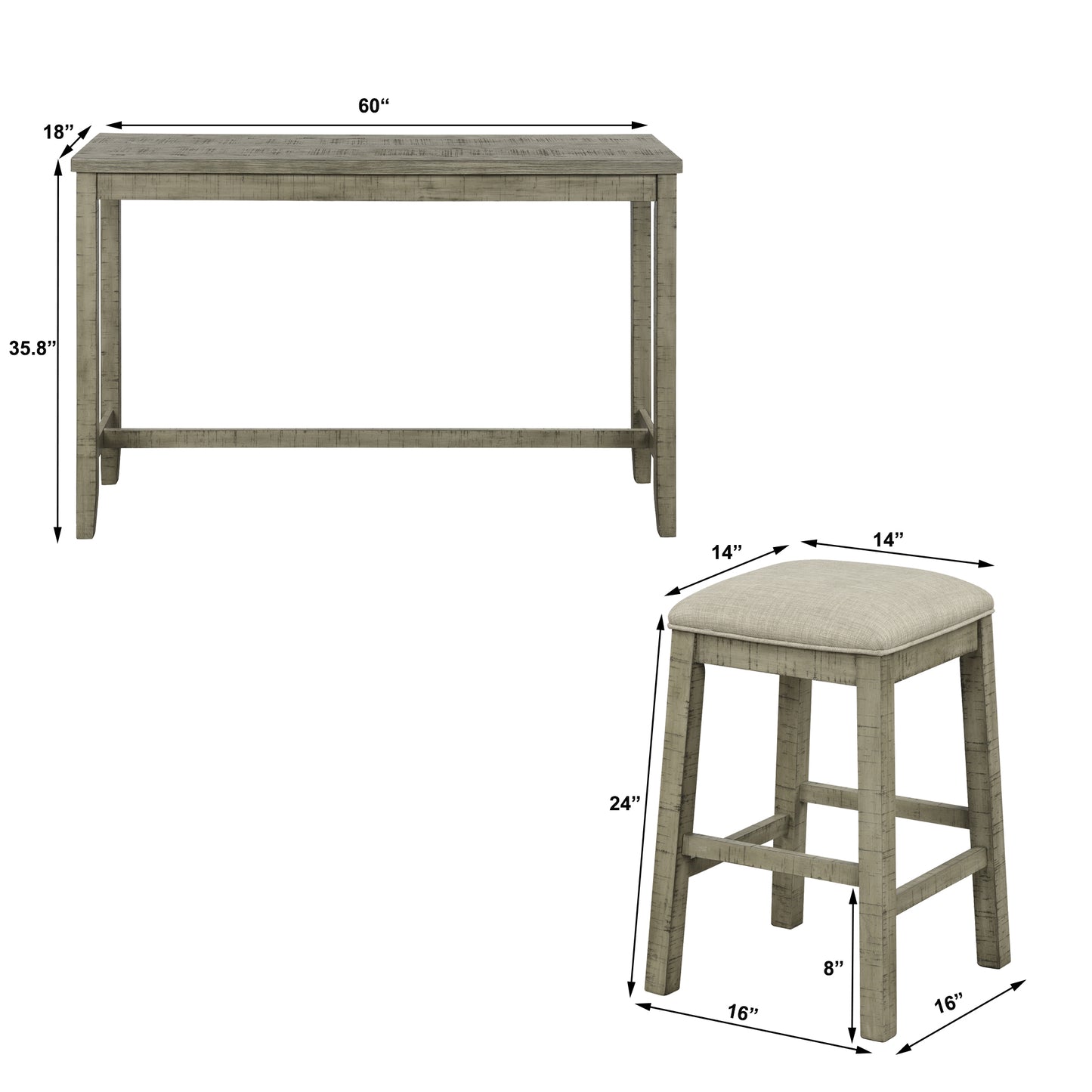 Juego de mesa de 4 piezas TOPMAX de altura de mostrador con taburetes acolchados de tela, juego de comedor de bar rústico en gris y verde