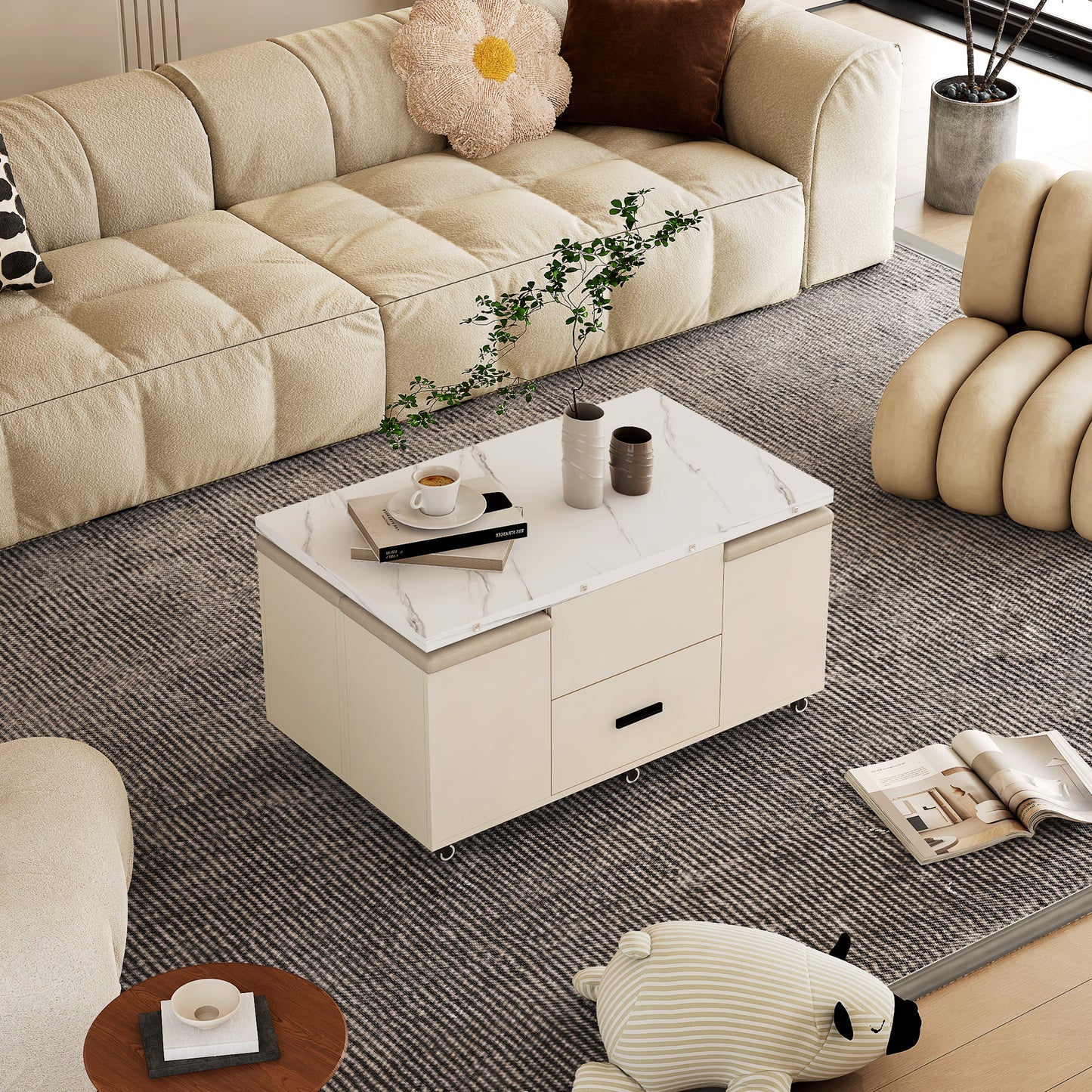 Modern Lift Coffee Table with 4 Chairs, Expandable Design with Hidden Storage and 2 Drawers