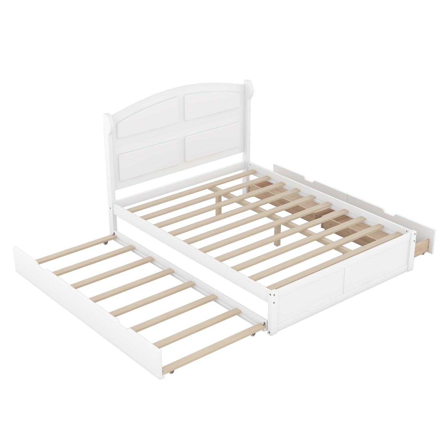 Wood Queen Size Platform Bed with Twin Size Trundle and 2 Drawers White