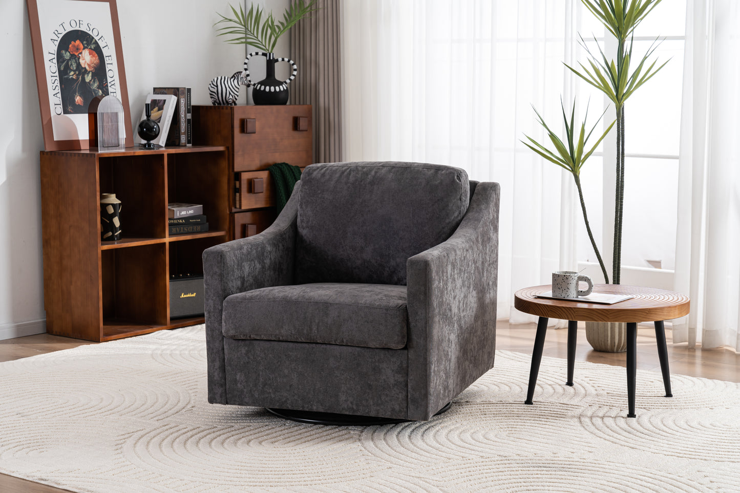 Large Swivel Chair with Soft Cushions, Modern Design in Skin-Friendly Gradient Linen Fabric, Grey Finish