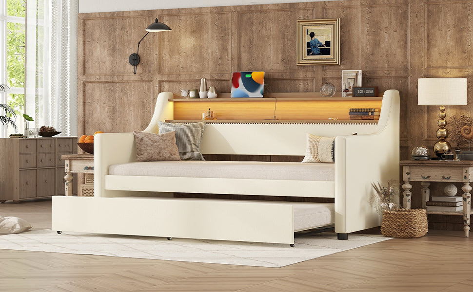 Twin Size Daybed with Trundle, Upholstered Daybed with Charging Station and LED Lights, White