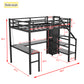 Twin XL loft bed with L-shaped desk and USB, metal loft bed with wardrobe and adjustable shelf, LED loft bed, black