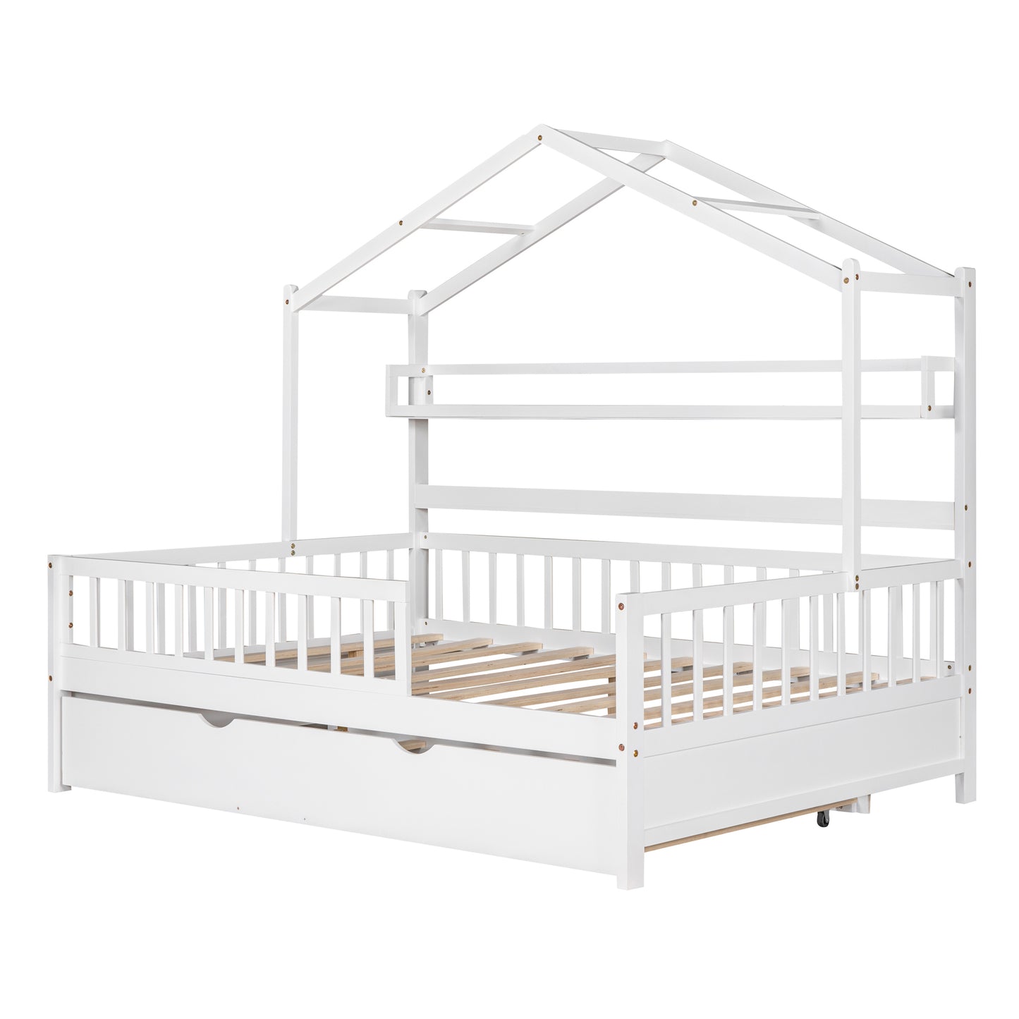 Wooden Full Size House Bed with Twin Size Trundle Kids Bed with Shelf White