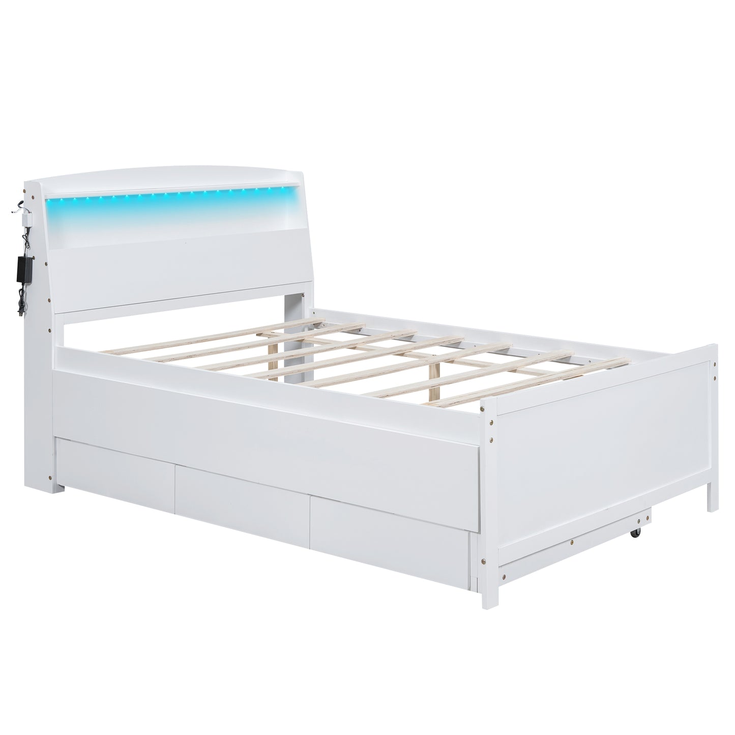 Full Size Platform Bed with Storage LED Headboard  Twin Size Trundle and 3 Drawers White