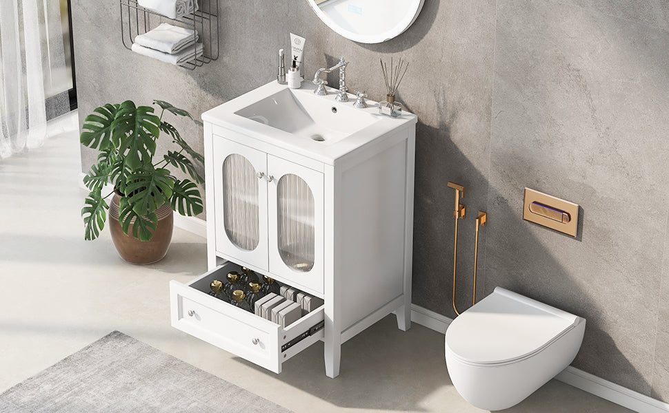 Bathroom Vanity with Sink, Bathroom Vanity Cabinet with One Drawer and Doors, Adjustable Shelf, Solid Wood and MDF, White