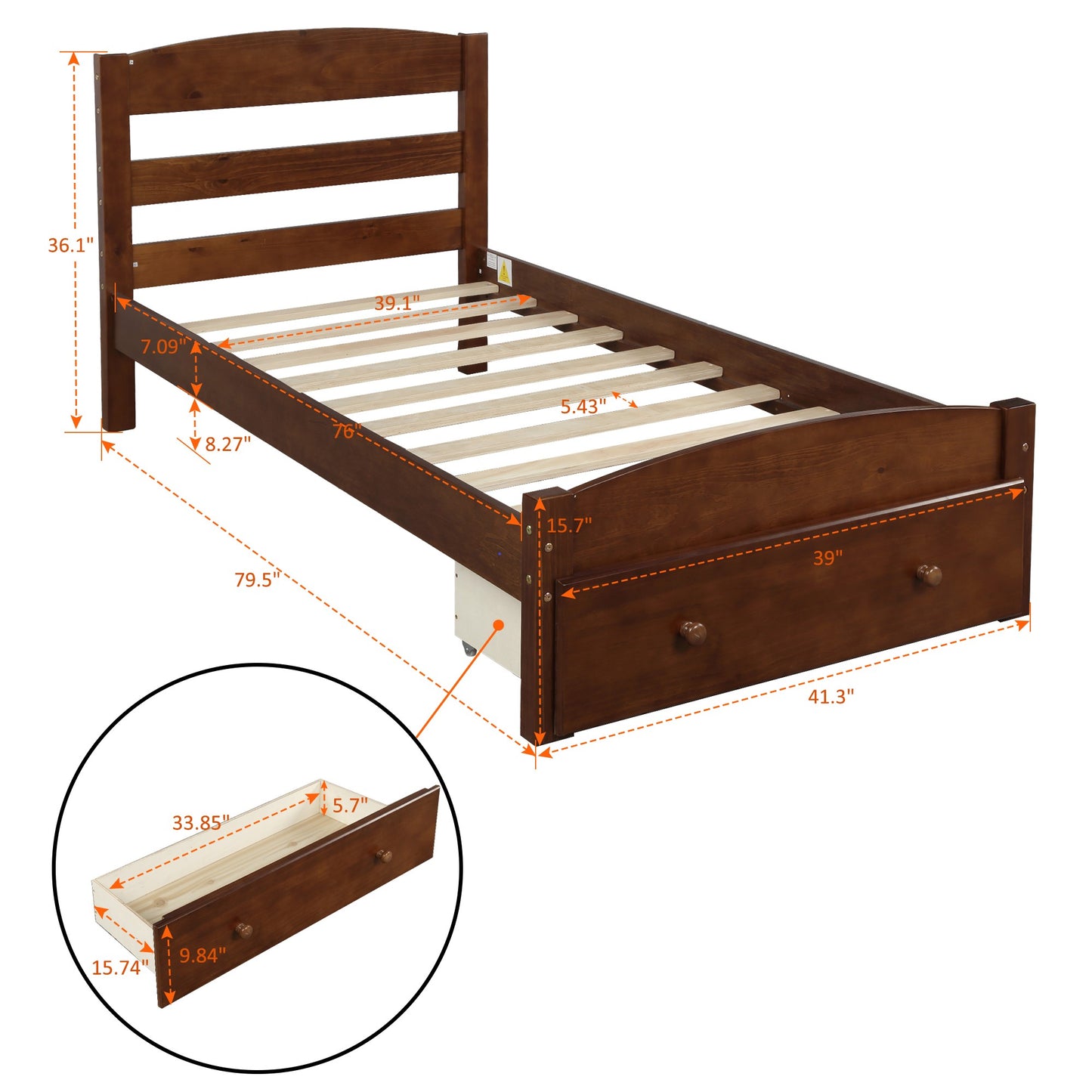 Platform Twin Bed Frame with Storage Drawer and Wood Slat Support No Box Spring Needed Walnut