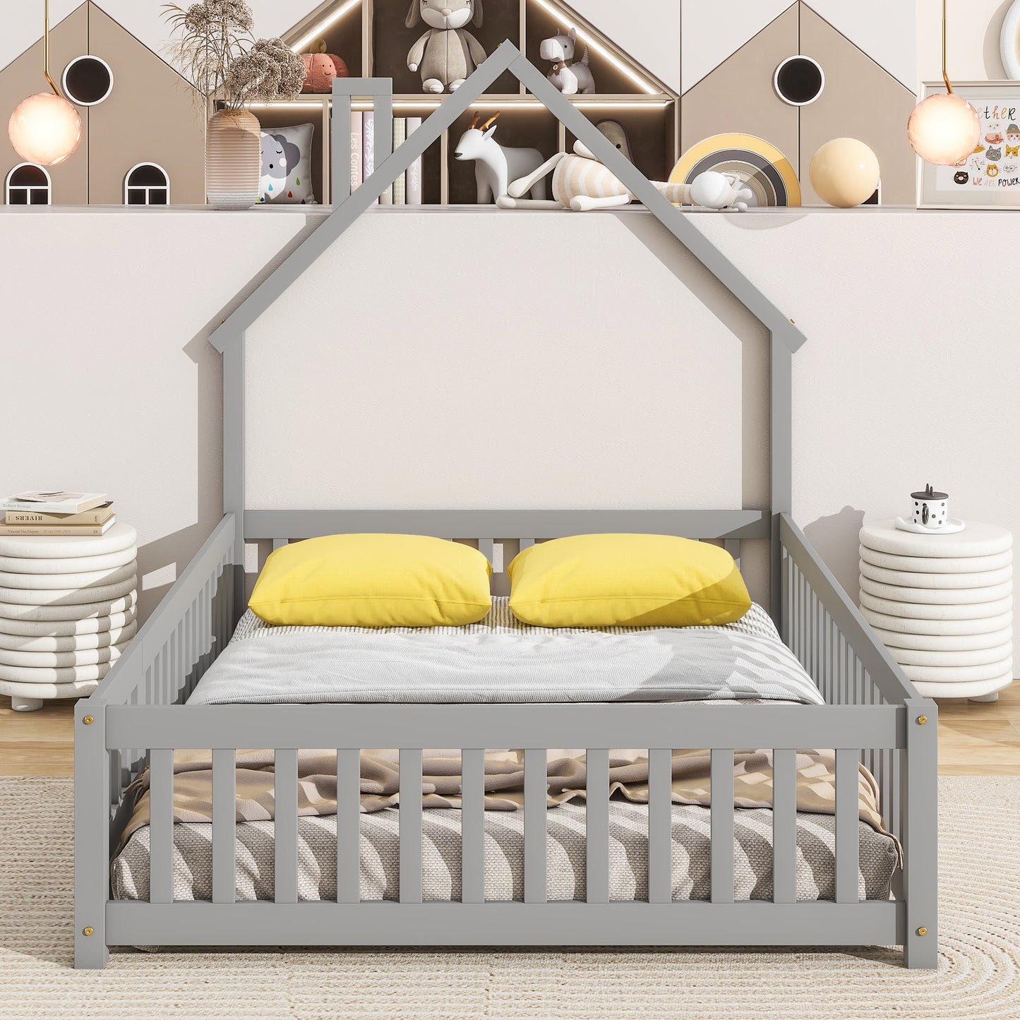 Full House-Shaped Headboard Floor Bed with Fence Grey