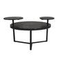 Modern coffee table with two display shelves, Black Faux marble surfaces, Tripod-inspired base,Rounded tabletop edges