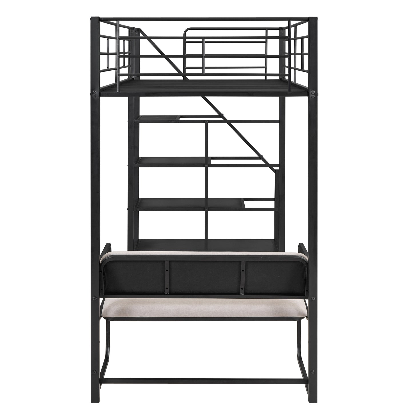 Twin Size Metal Loft Bed with Bench and Storage Staircase  Black