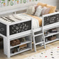 Twin Size Low Loft Bed with Two Movable Shelves and Ladder,with Decorative Guardrail Chalkboard,White