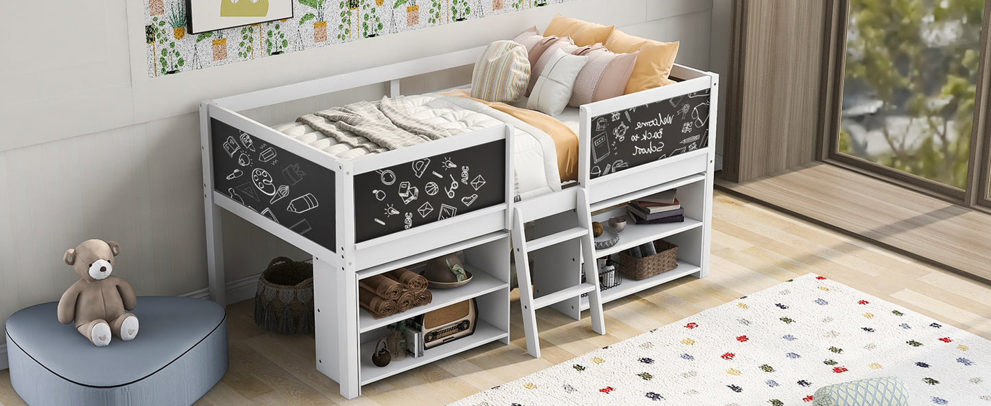 Twin Size Low Loft Bed with Two Movable Shelves and Ladder,with Decorative Guardrail Chalkboard,White