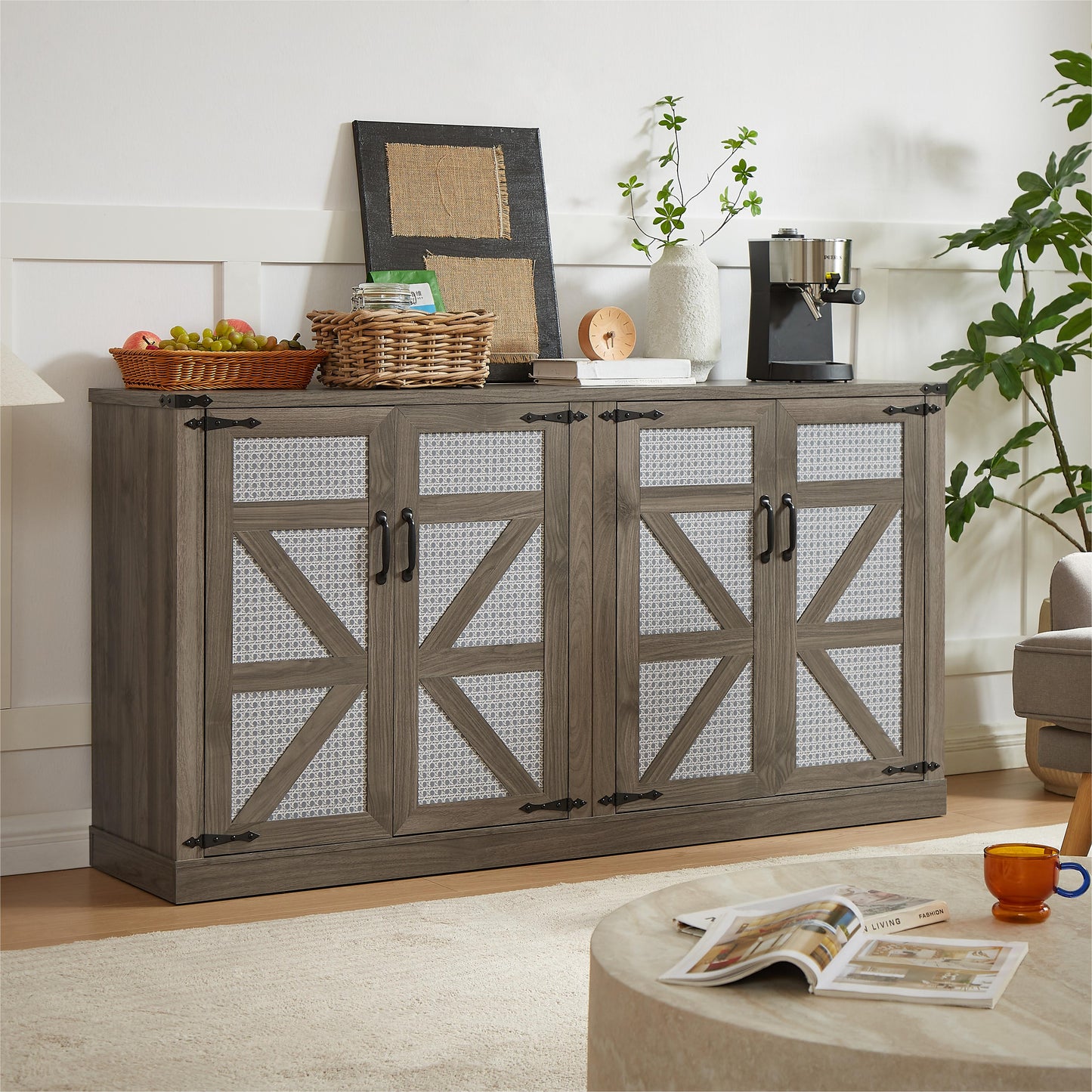 65-Inch Slate Gray Faux Rattan Sideboard with Barn Doors, 4-Door Storage for Living Rooms and Bedrooms