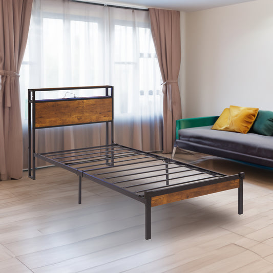 Dual size metal platform bed frame with wooden headboard and footrest, USB LINER, LED lights