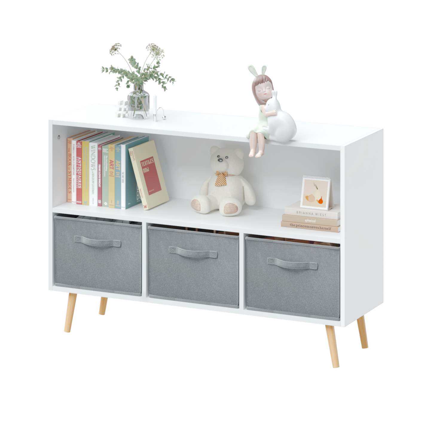 Kids bookcase with Collapsible Fabric Drawers Children's Book Display Toy Storage Cabinet Organizer White/Gray