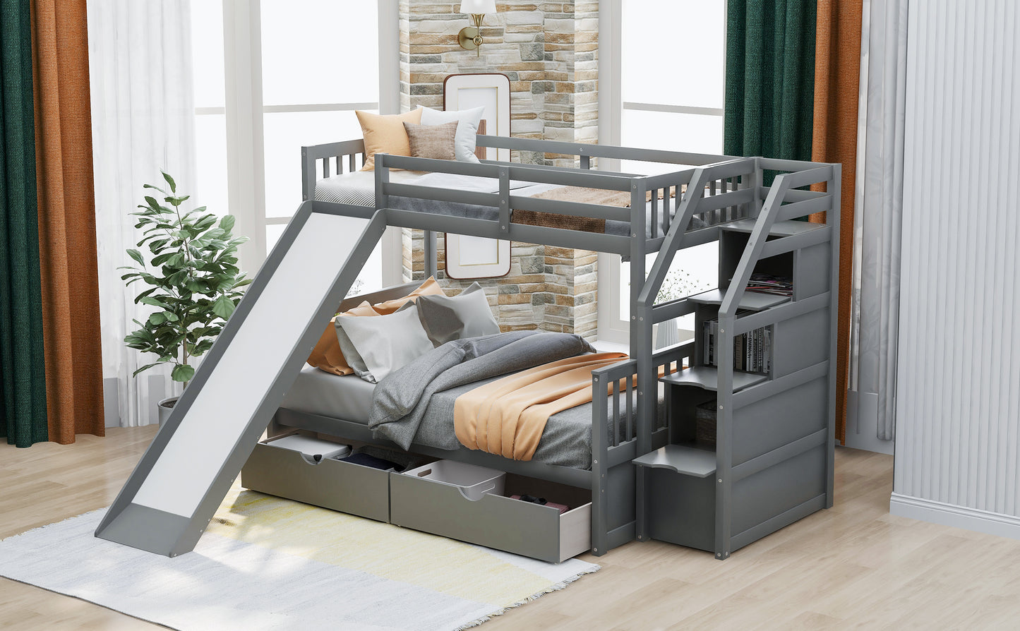 Twin over Full Bunk Bed with Drawers Storage and Slide  Multifunction Gray